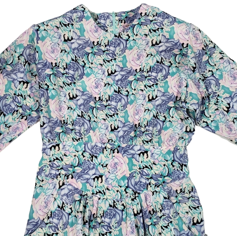 Vintage Alexis Petite Blue Floral Print Midi Dress Womens Size 11-12 Work Church - Picture 6 of 16